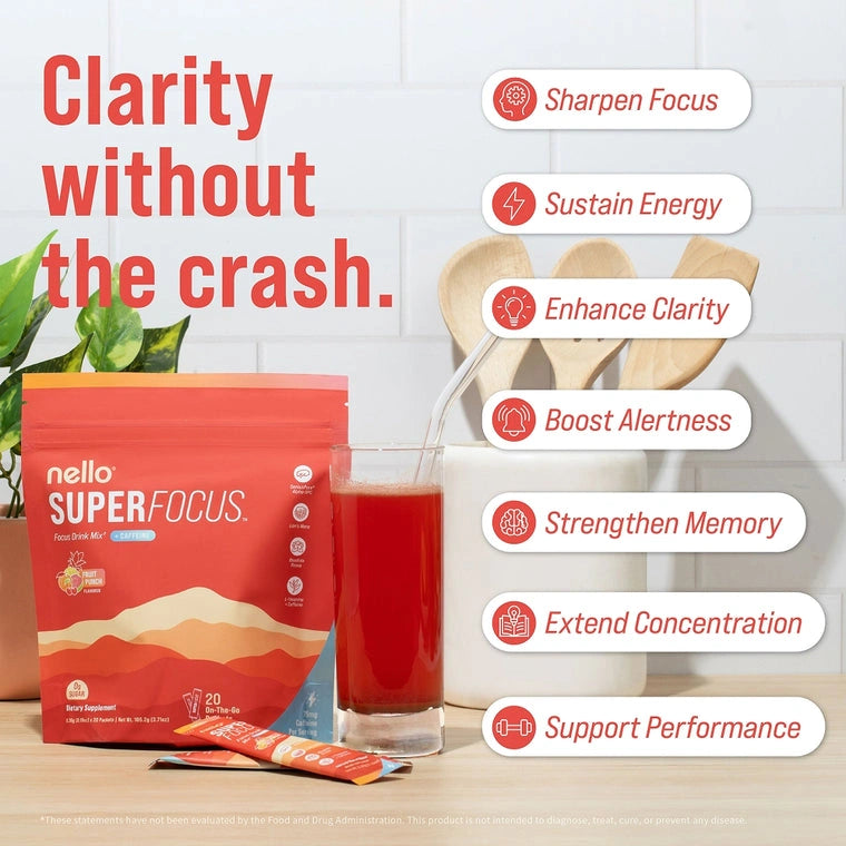 Nello Superfocus - Nootropic Drink Mix with Lion's Mane, Rhodiola & Alpha-GPC-Convenient