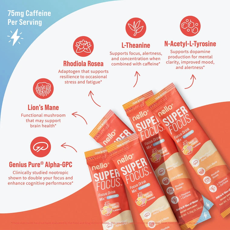 Nello Superfocus - Nootropic Drink Mix with Lion's Mane, Rhodiola & Alpha-GPC-Convenient