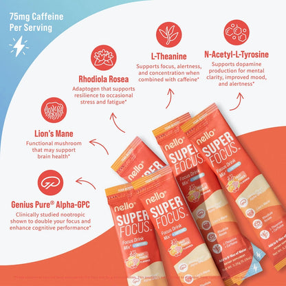 Nello Superfocus - Nootropic Drink Mix with Lion's Mane, Rhodiola & Alpha-GPC-Convenient